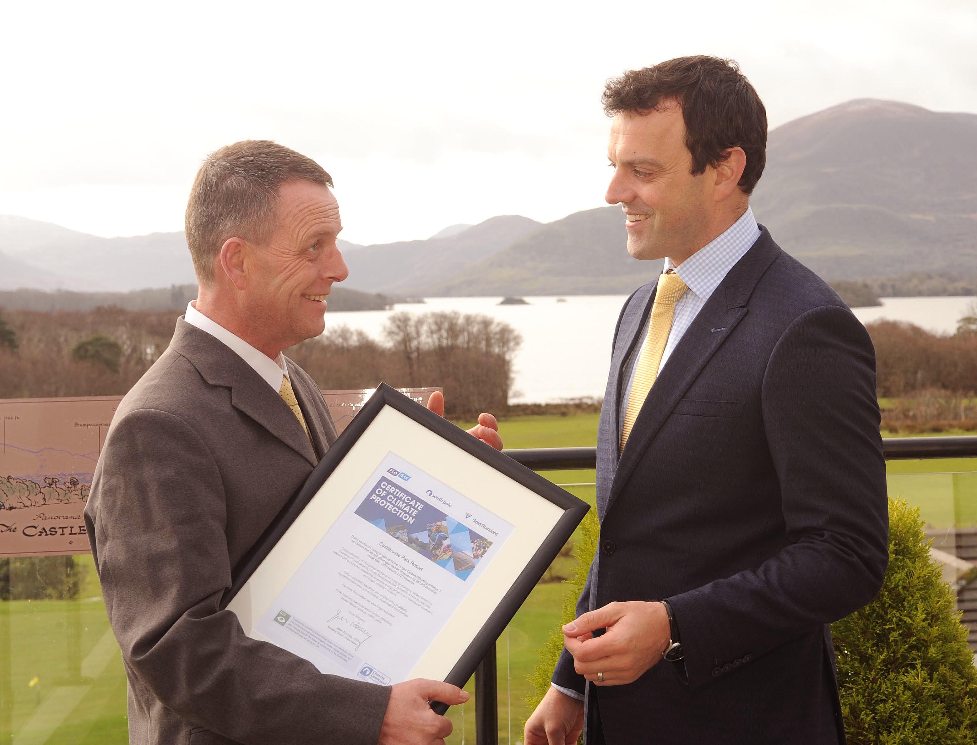Michael Murphy, area sales representative, Flogas and Mark Bowe, deputy general manager holding Flogas Carbon Offsetting Certificate